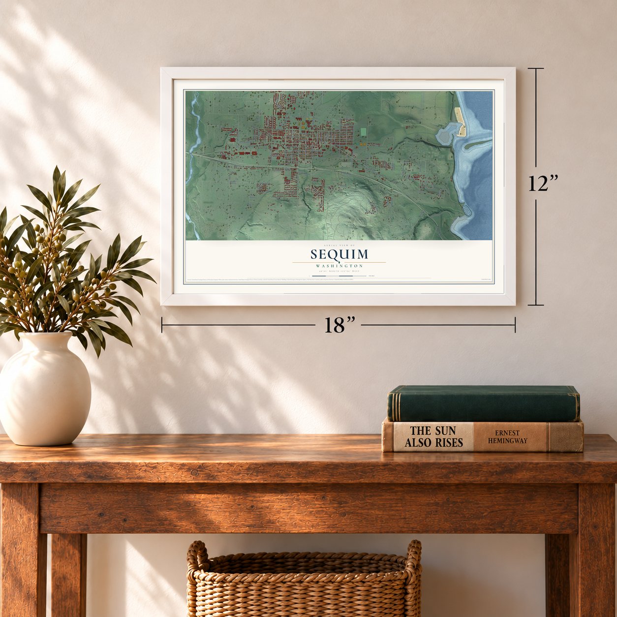 Sequim, Washington map, 12 x 18 inch print in a white frame in an entryway