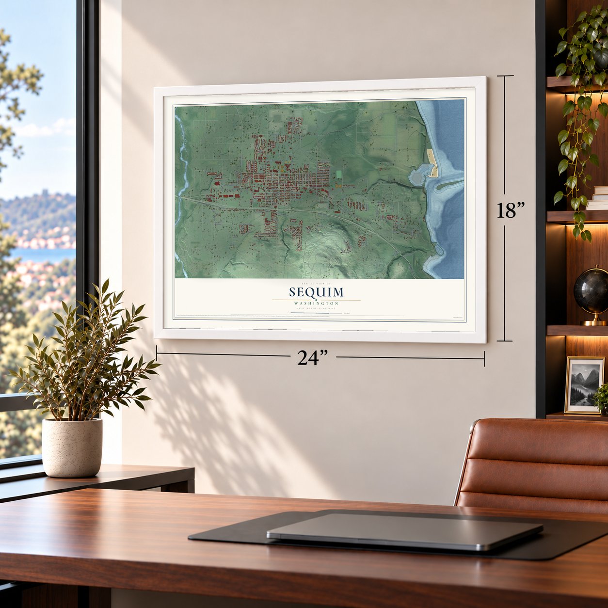 Sequim, Washington map, 18 x 24 inch print in a white frame in a home office