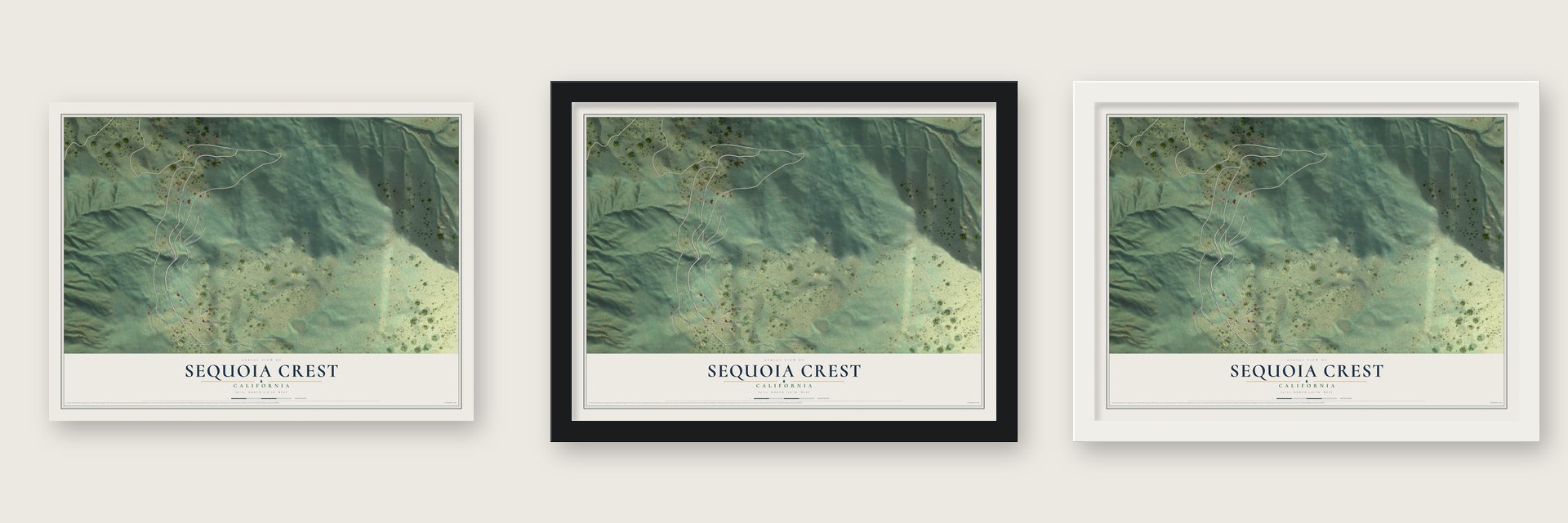 Sequoia Crest, California map unframed, in a black wood frame and in a white wood frame