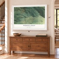 Sequoia Crest, California map, 24 x 36 inch print in a white frame above a dresser by a staircase