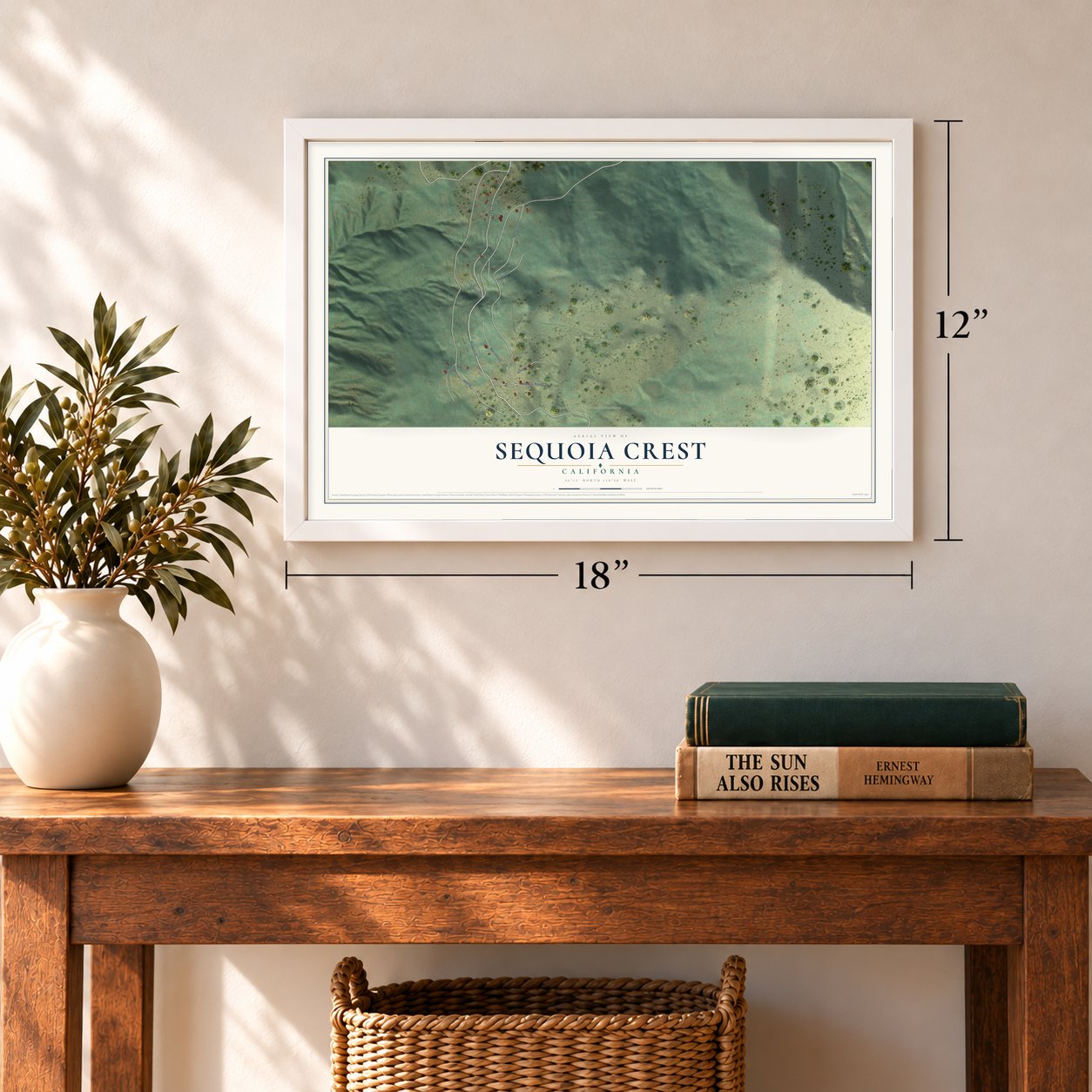 Sequoia Crest, California map, 12 x 18 inch print in a white frame in an entryway