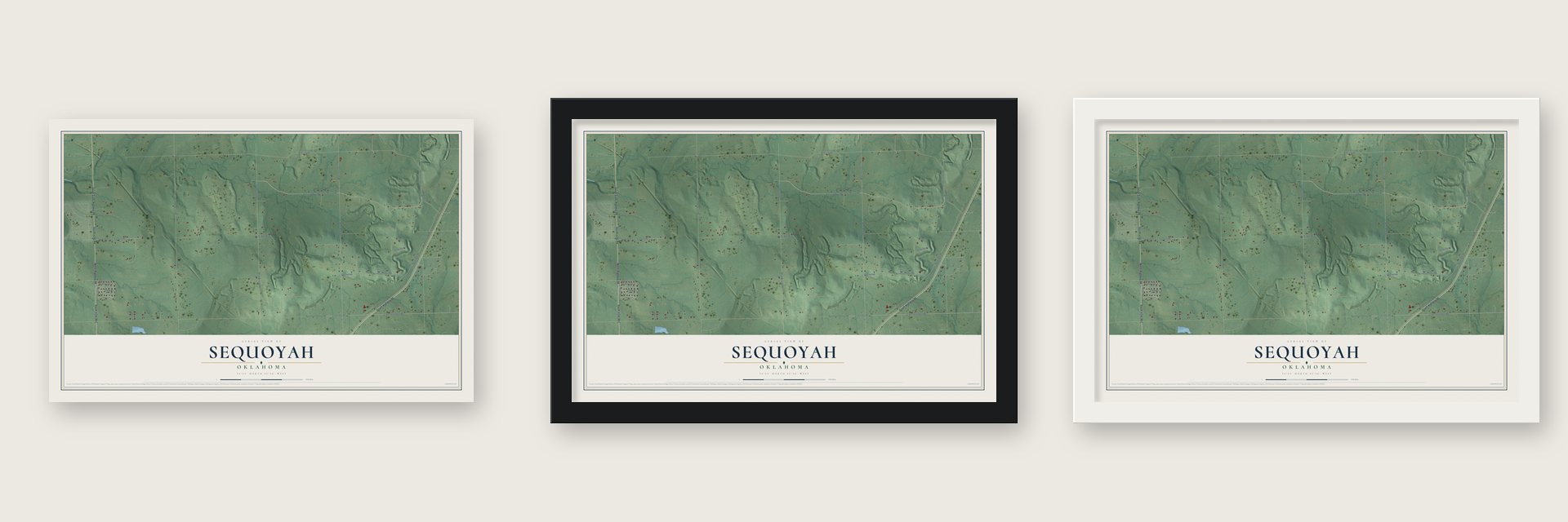 Sequoyah, Oklahoma map unframed, in a black wood frame and in a white wood frame