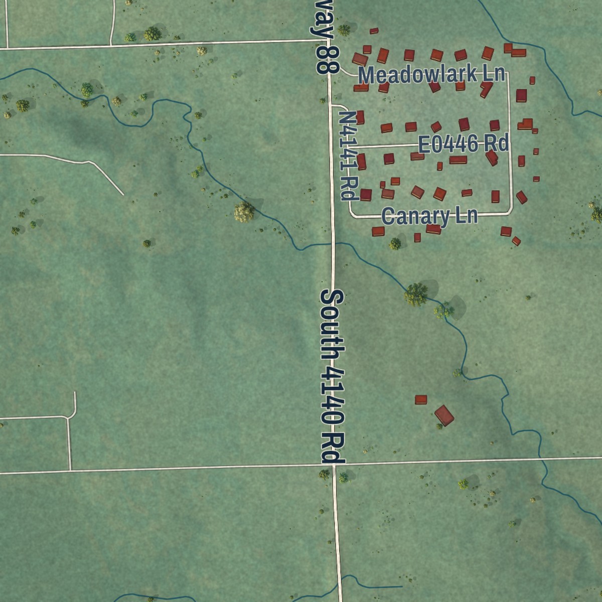 Second close-up of the map of Sequoyah, Oklahoma print showing more streets and buildings
