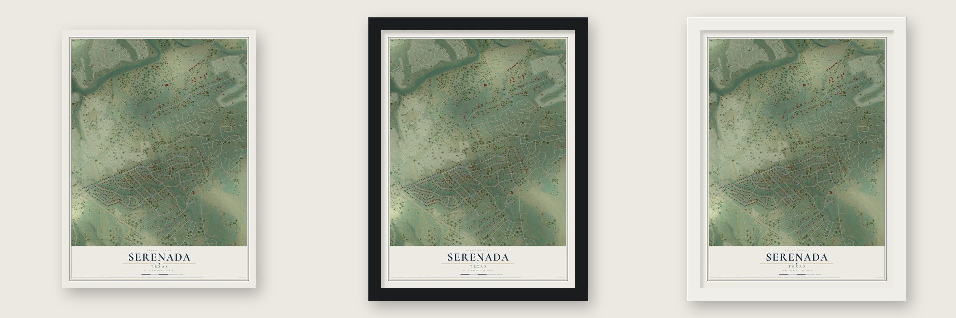 Serenada, Texas map unframed, in a black wood frame and in a white wood frame