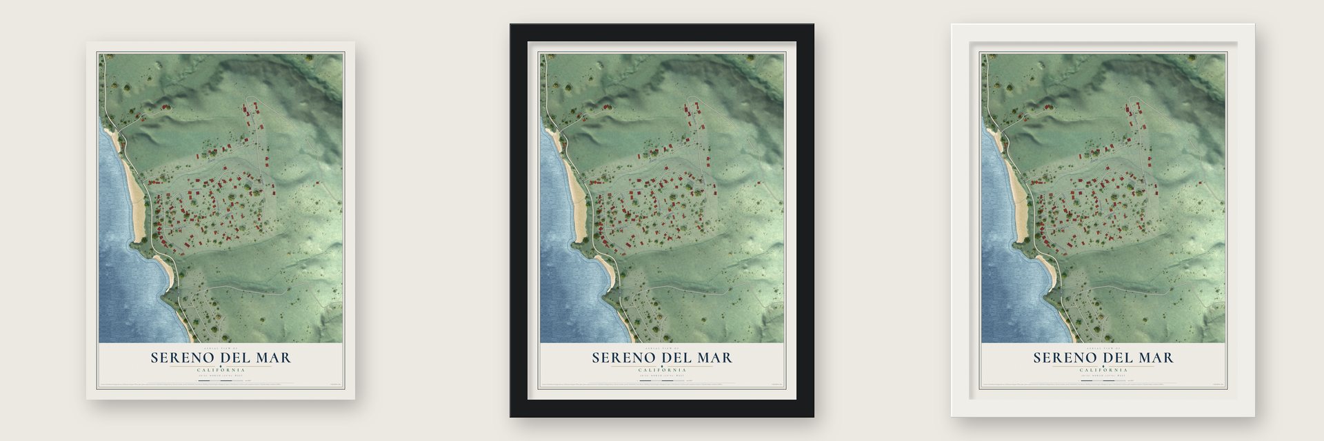 Sereno del Mar, California map unframed, in a black wood frame and in a white wood frame