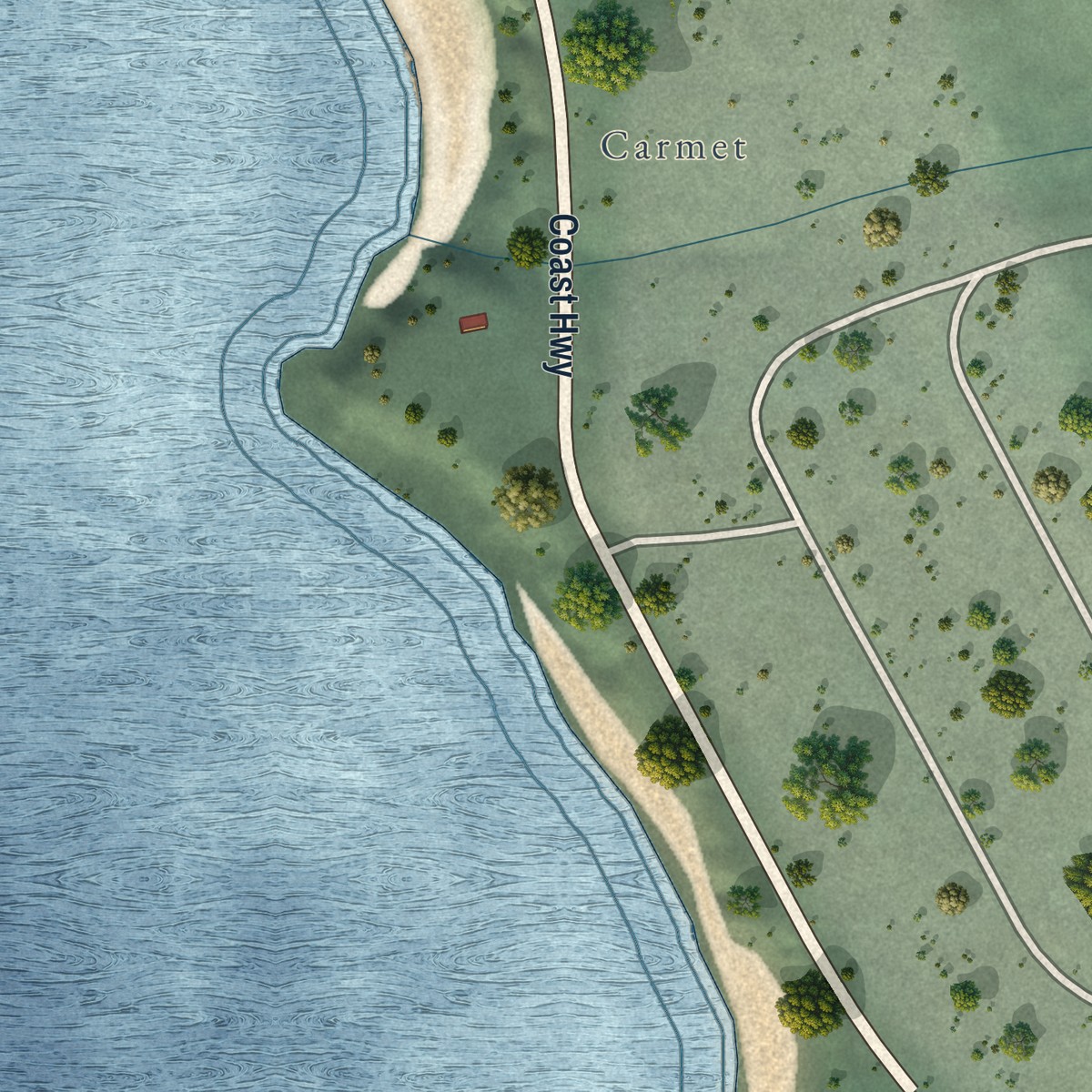 Second close-up of the map of Sereno del Mar, California print showing more streets and buildings