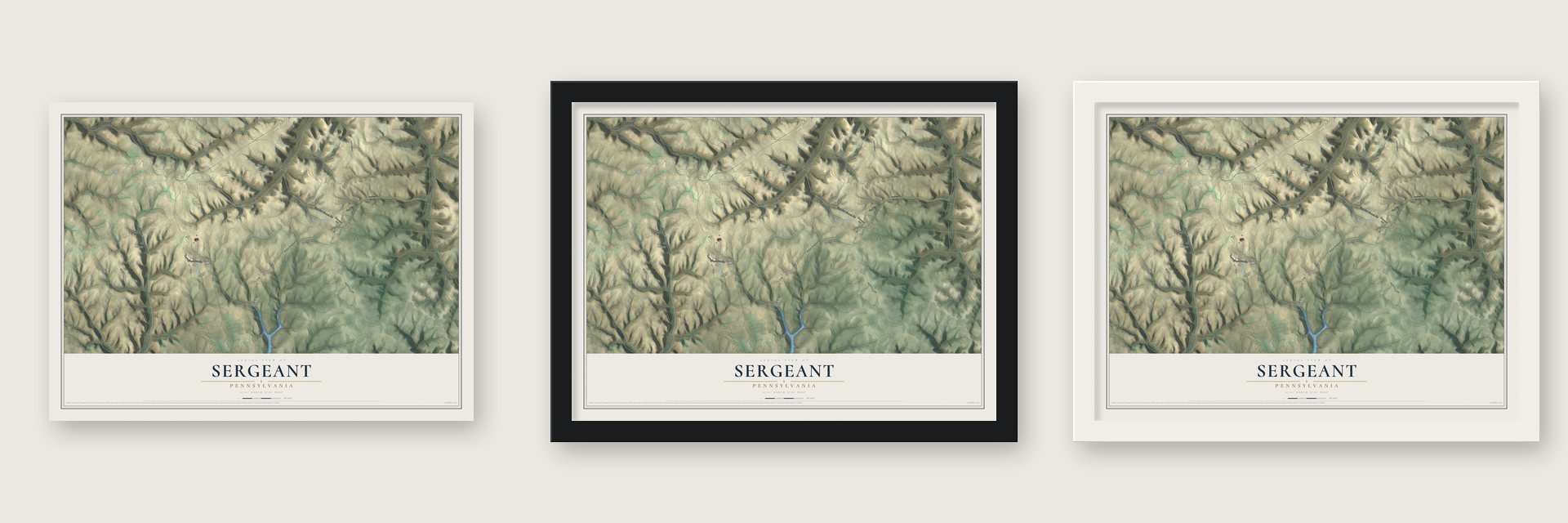Sergeant, Pennsylvania map unframed, in a black wood frame and in a white wood frame