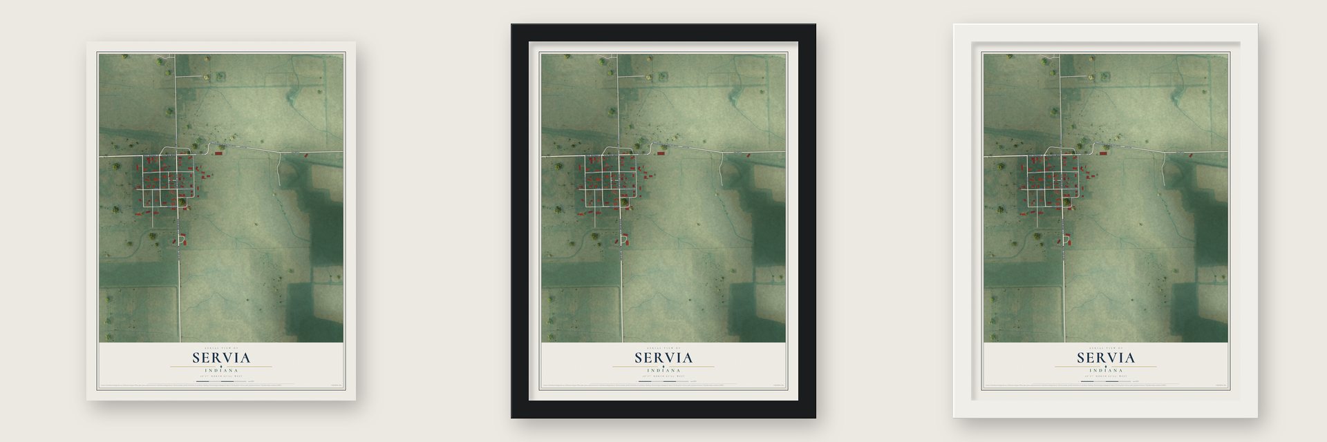 Servia, Indiana map unframed, in a black wood frame and in a white wood frame