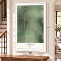 Servia, Indiana map, 24 x 36 inch print in a white frame by a staircase