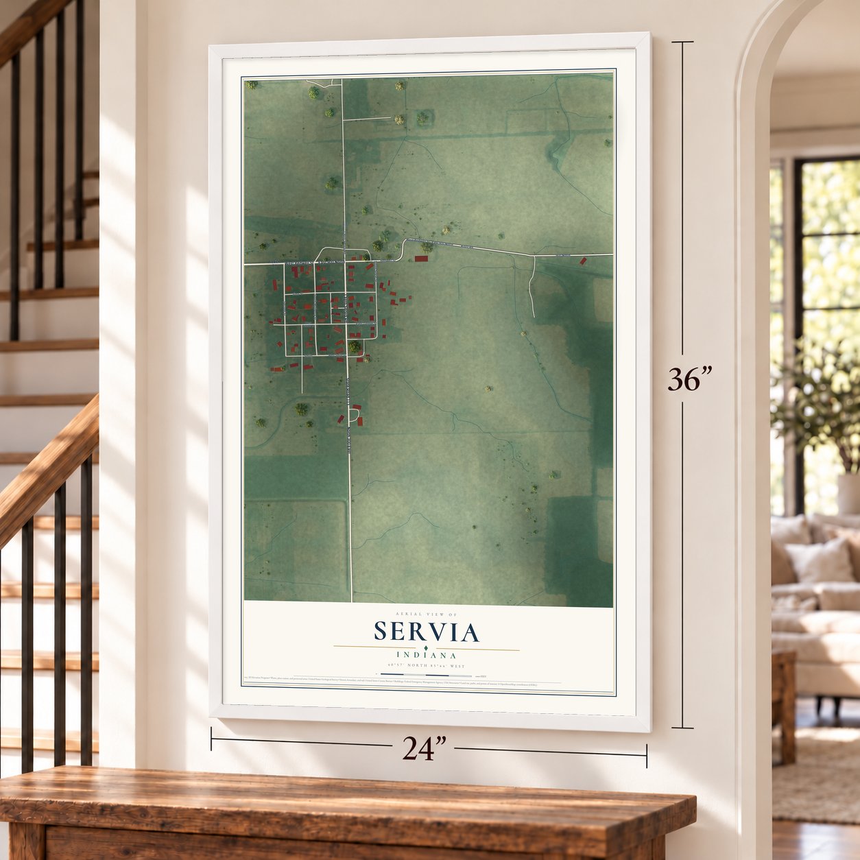 Servia, Indiana map, 24 x 36 inch print in a white frame by a staircase