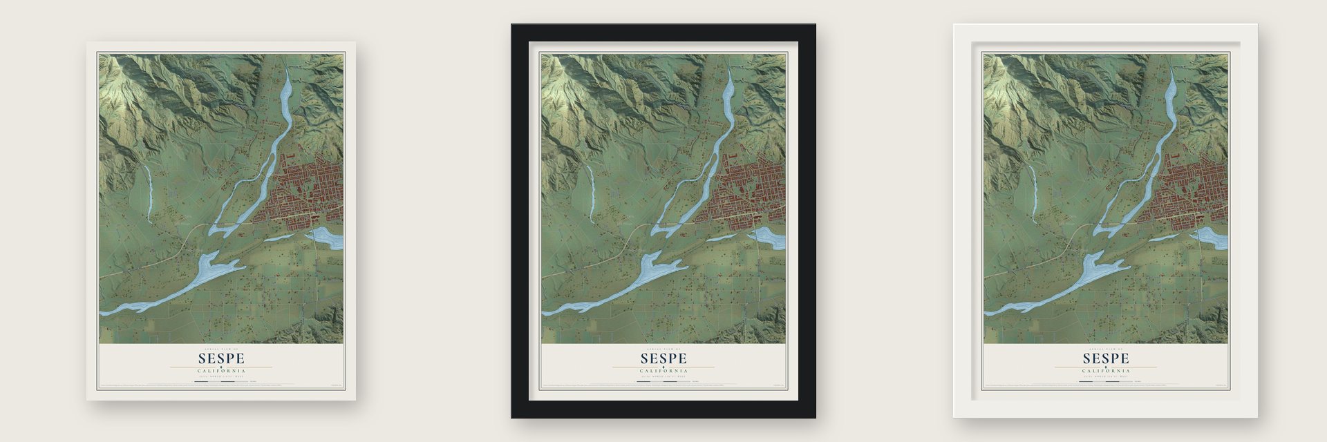 Sespe, California map unframed, in a black wood frame and in a white wood frame