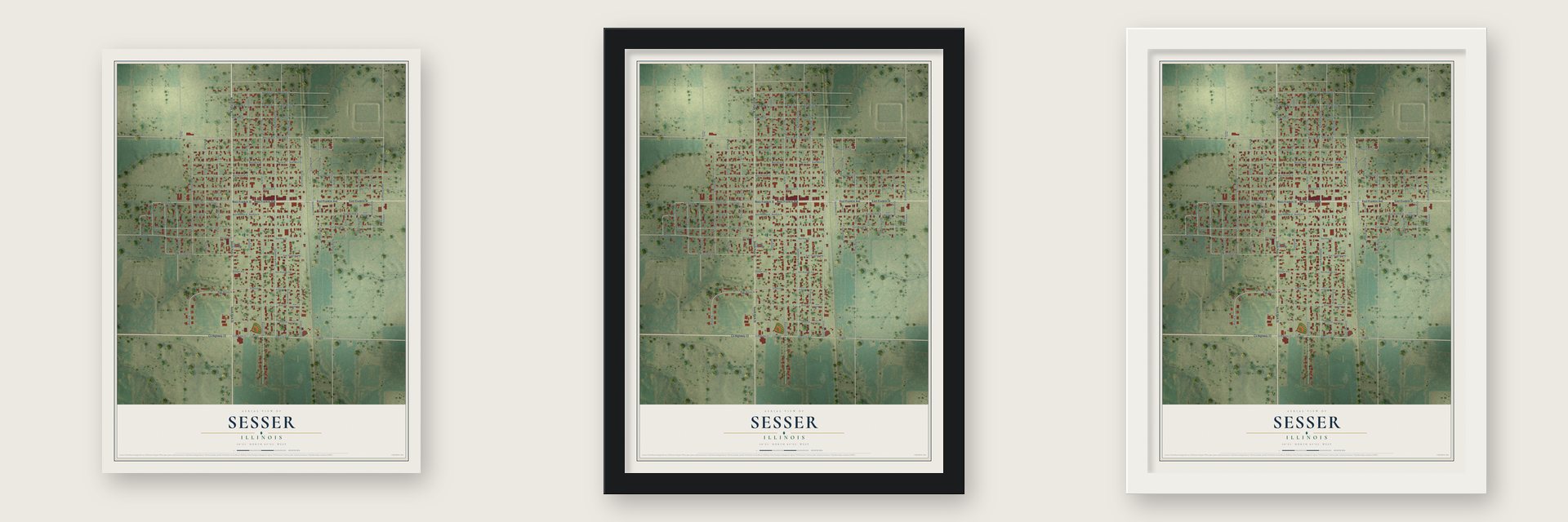 Sesser, Illinois map unframed, in a black wood frame and in a white wood frame
