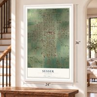Sesser, Illinois map, 24 x 36 inch print in a white frame by a staircase