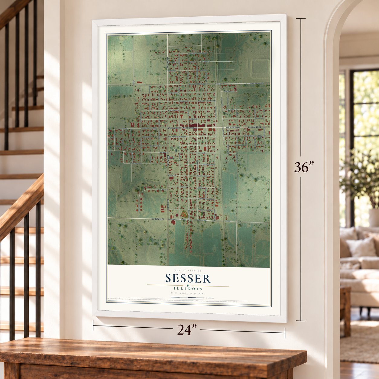 Sesser, Illinois map, 24 x 36 inch print in a white frame by a staircase