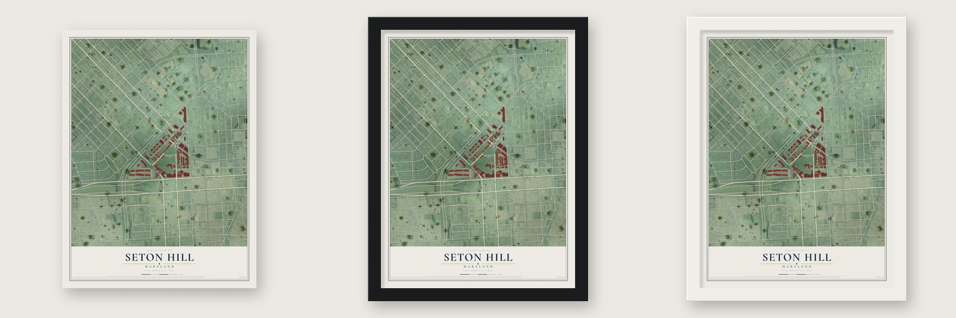 Seton Hill, Maryland map unframed, in a black wood frame and in a white wood frame
