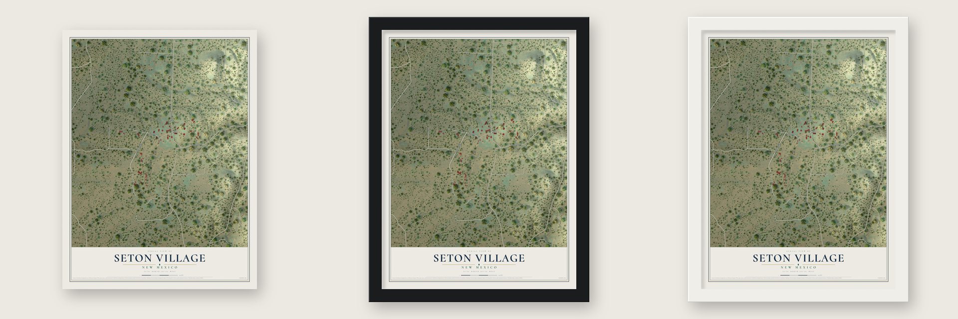 Seton Village, New Mexico map unframed, in a black wood frame and in a white wood frame