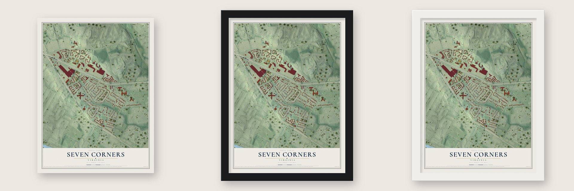 Seven Corners, Virginia map unframed, in a black wood frame and in a white wood frame