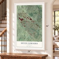 Seven Corners, Virginia map, 24 x 36 inch print in a white frame by a staircase