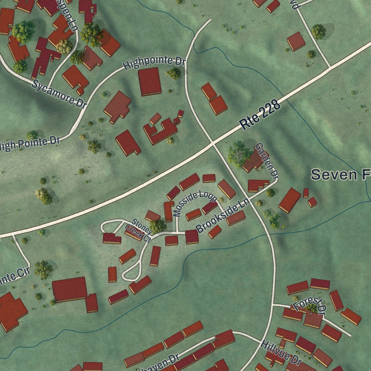 Second close-up of the map of Seven Fields, Pennsylvania print showing more streets and buildings