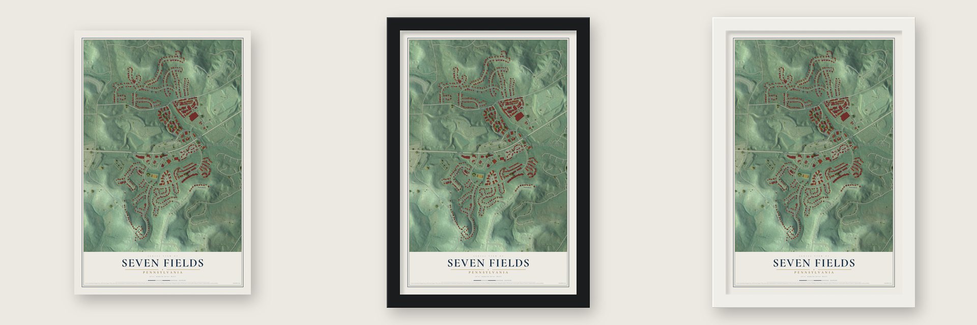 Seven Fields, Pennsylvania map unframed, in a black wood frame and in a white wood frame