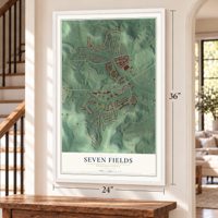 Seven Fields, Pennsylvania map, 24 x 36 inch print in a white frame by a staircase