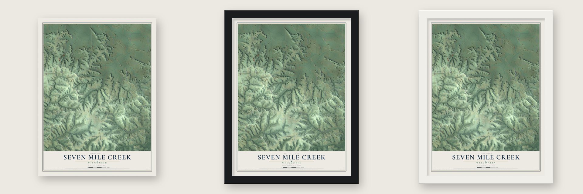 Seven Mile Creek, Wisconsin map unframed, in a black wood frame and in a white wood frame
