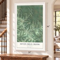 Seven Mile Creek, Wisconsin map, 24 x 36 inch print in a white frame by a staircase