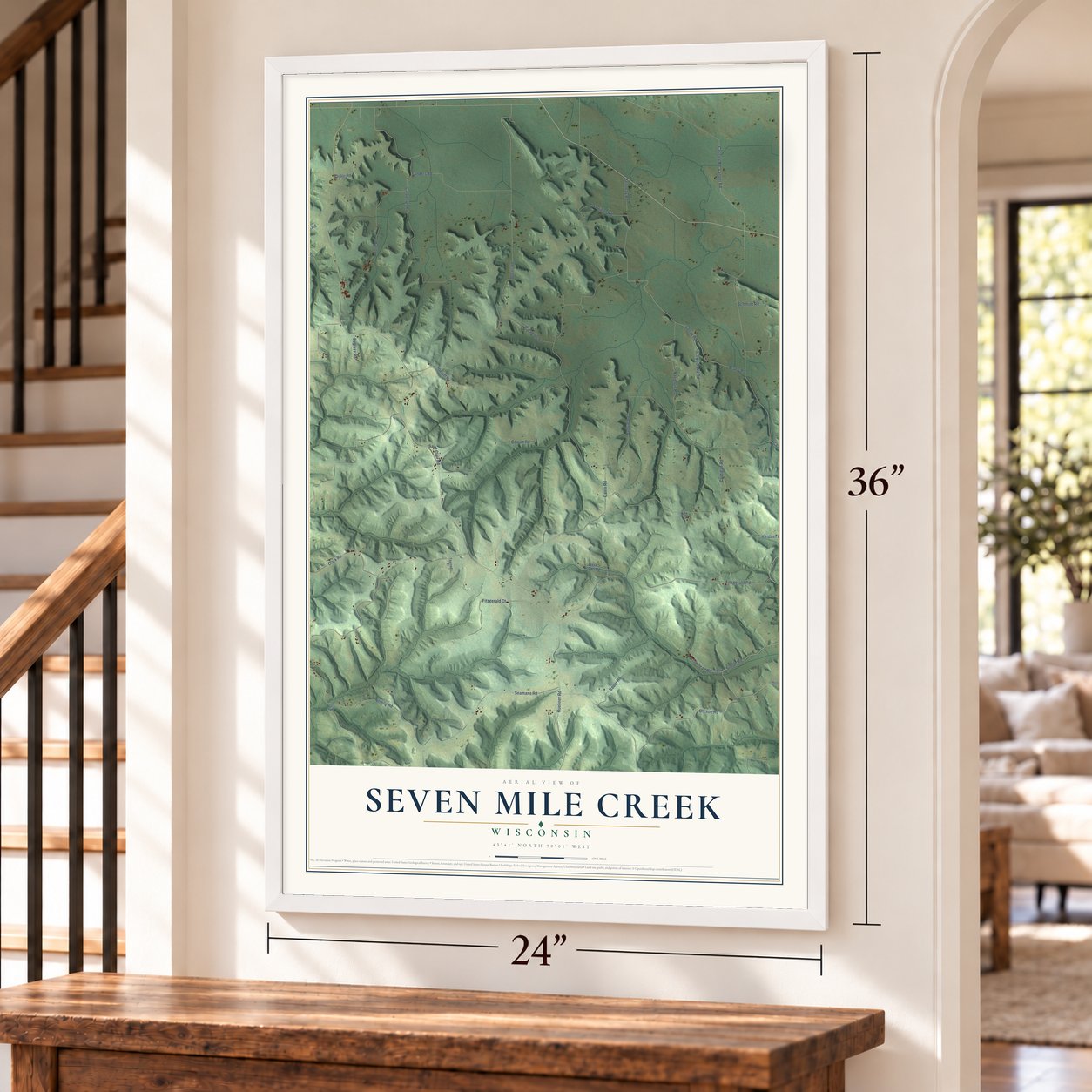 Seven Mile Creek, Wisconsin map, 24 x 36 inch print in a white frame by a staircase