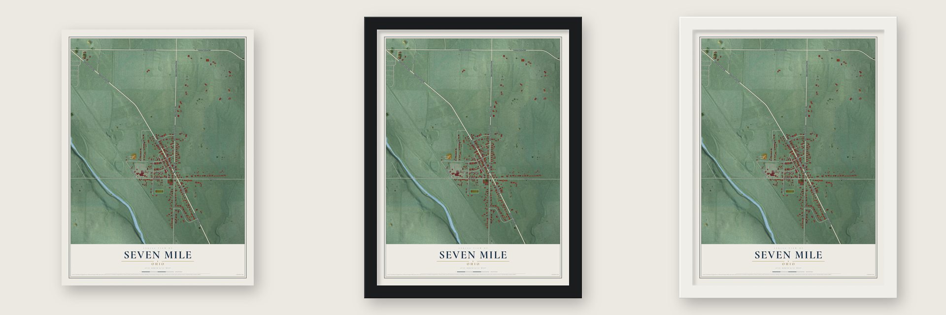 Seven Mile, Ohio map unframed, in a black wood frame and in a white wood frame