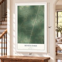 Seven Oaks, Texas map, 24 x 36 inch print in a white frame by a staircase