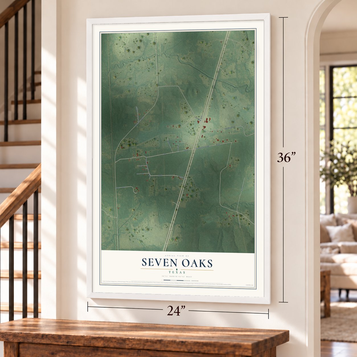 Seven Oaks, Texas map, 24 x 36 inch print in a white frame by a staircase