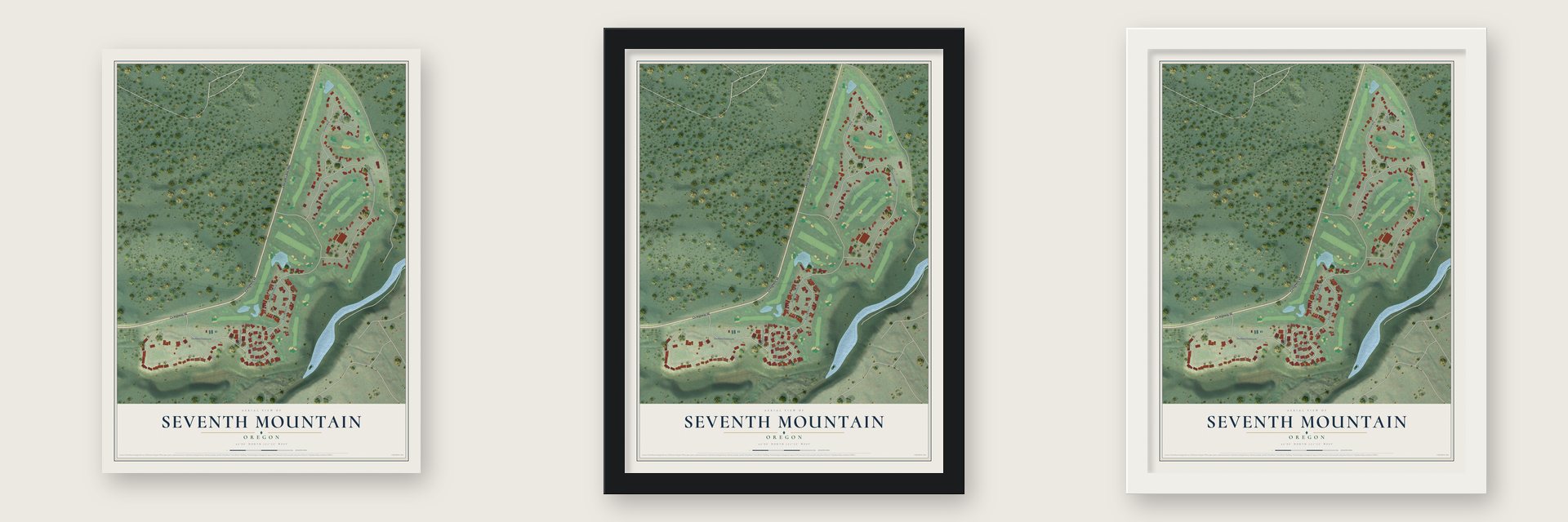 Seventh Mountain, Oregon map unframed, in a black wood frame and in a white wood frame