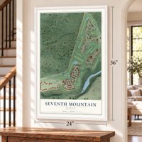 Seventh Mountain, Oregon map, 24 x 36 inch print in a white frame by a staircase