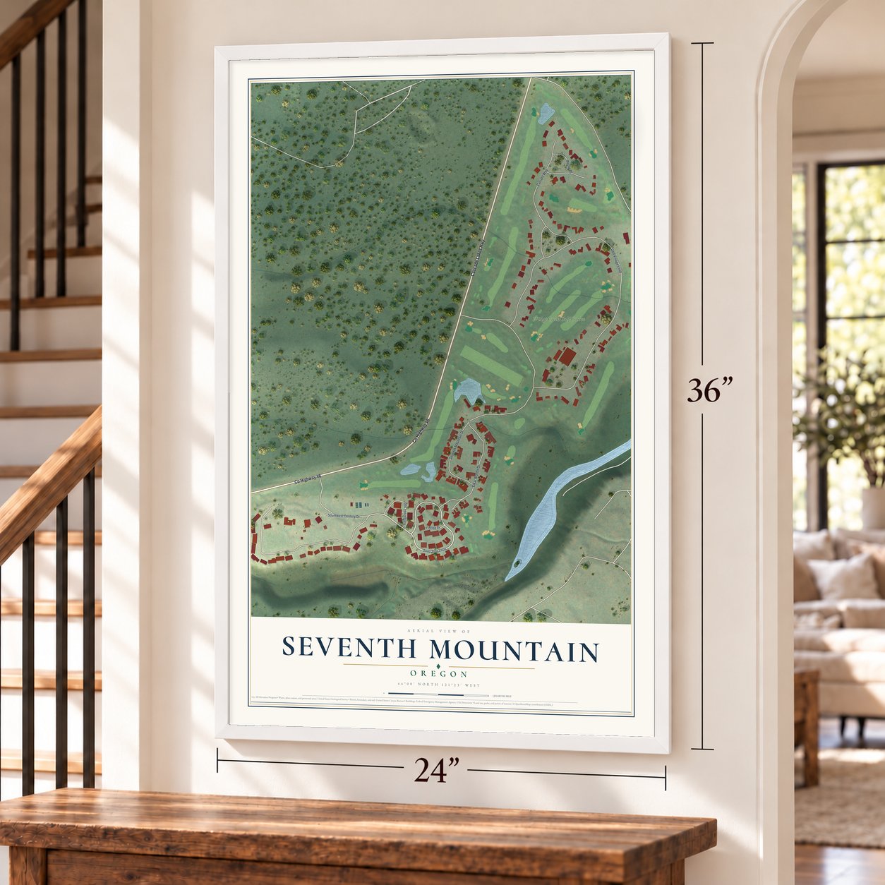 Seventh Mountain, Oregon map, 24 x 36 inch print in a white frame by a staircase