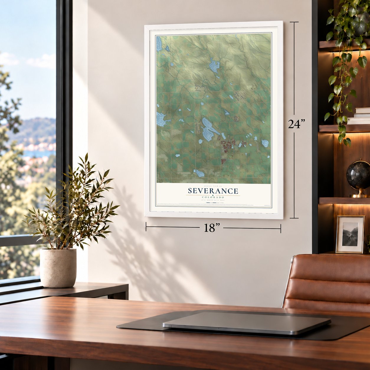 Severance, Colorado map, 18 x 24 inch print in a white frame in a home office