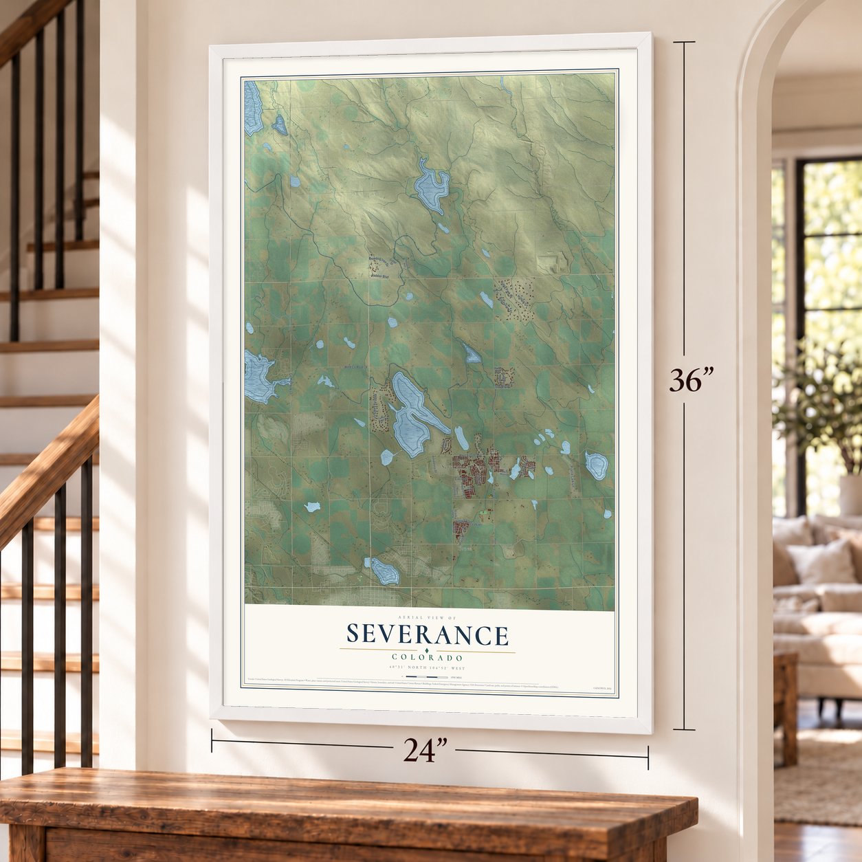 Severance, Colorado map, 24 x 36 inch print in a white frame by a staircase