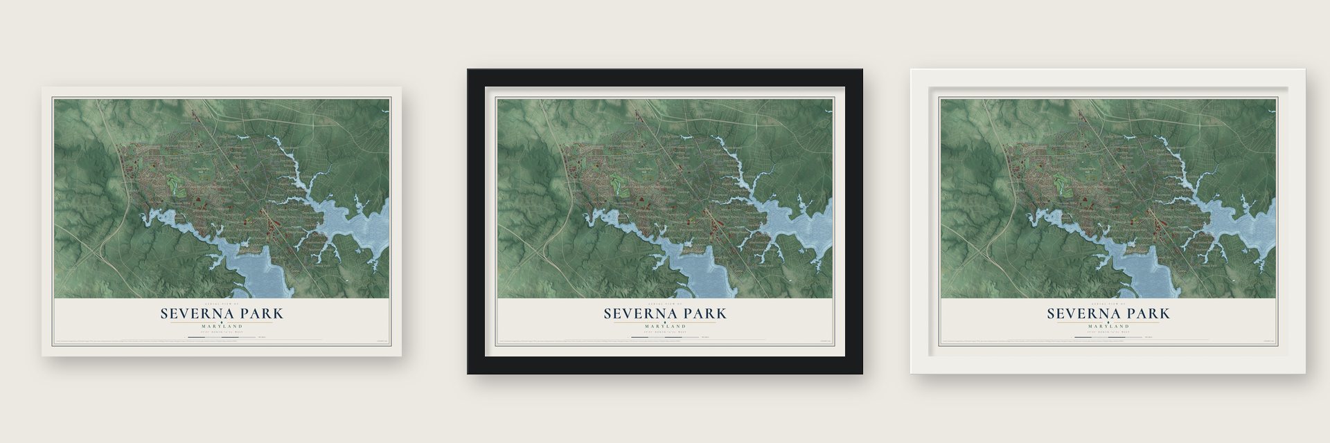 Severna Park, Maryland map unframed, in a black wood frame and in a white wood frame