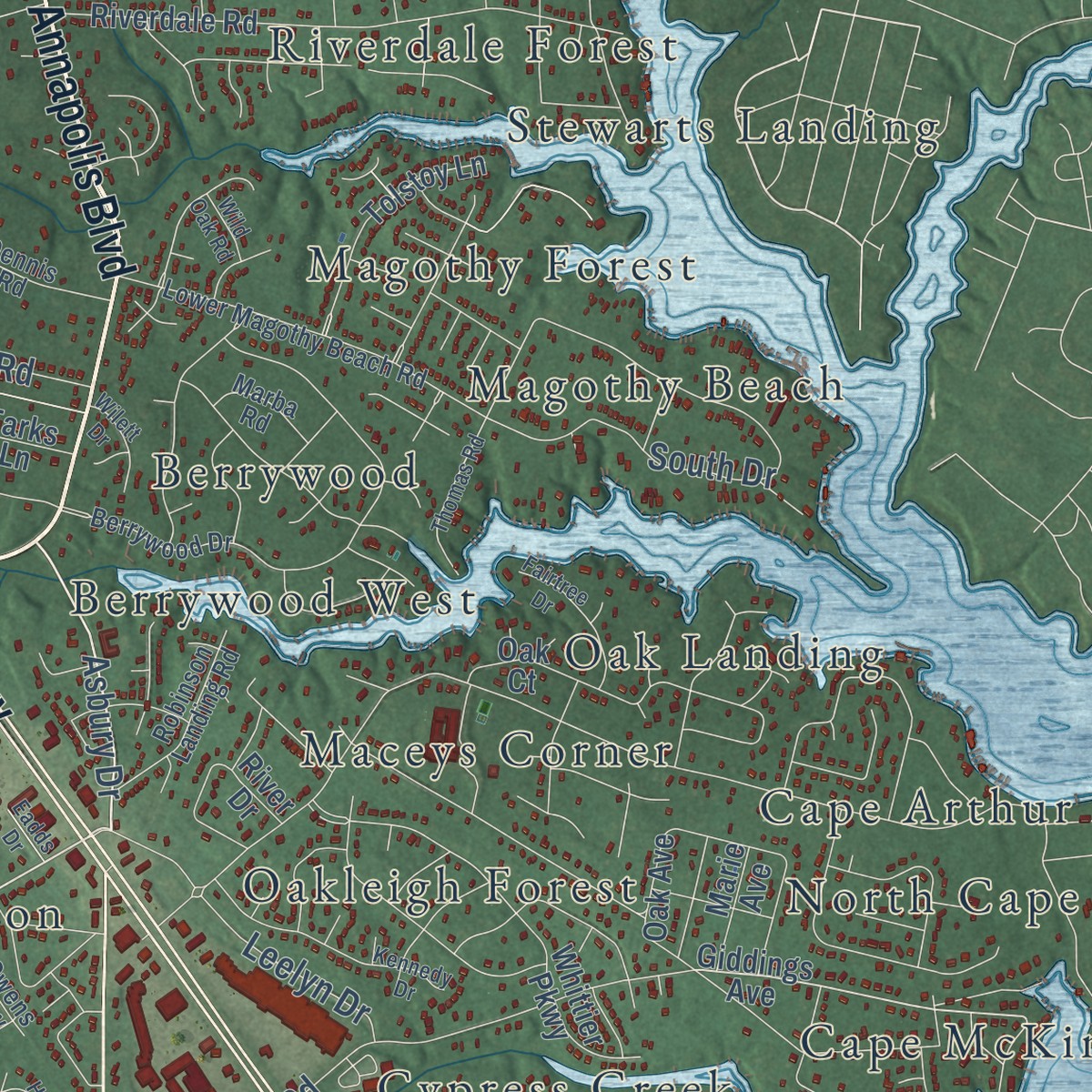 Second close-up of the map of Severna Park, Maryland print showing more streets and buildings