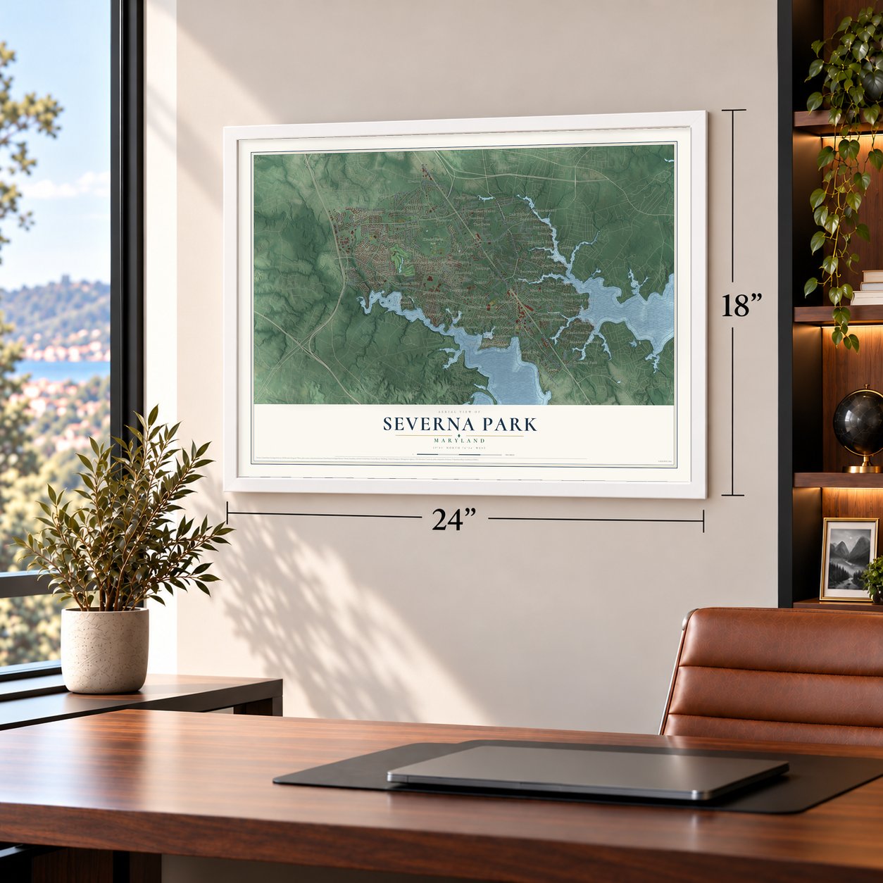 Severna Park, Maryland map, 18 x 24 inch print in a white frame in a home office