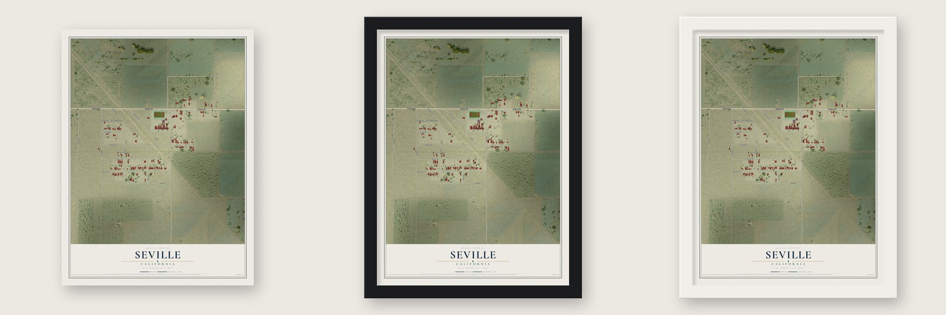 Seville, California map unframed, in a black wood frame and in a white wood frame