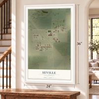 Seville, California map, 24 x 36 inch print in a white frame by a staircase