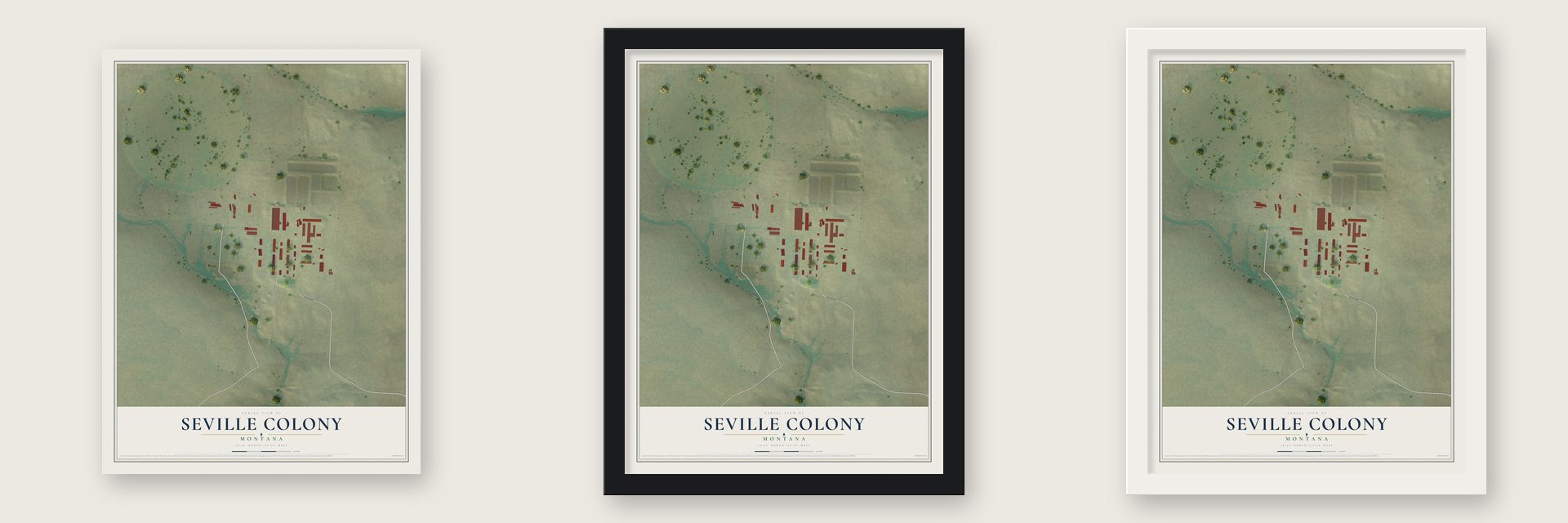 Seville Colony, Montana map unframed, in a black wood frame and in a white wood frame