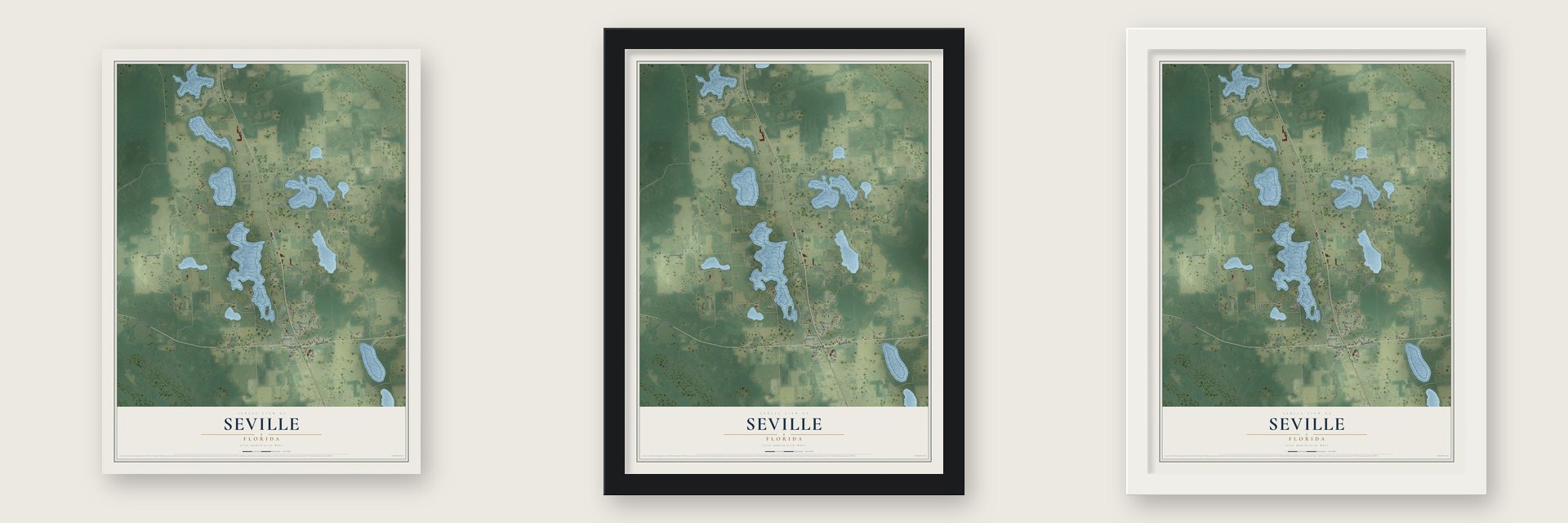 Seville, Florida map unframed, in a black wood frame and in a white wood frame