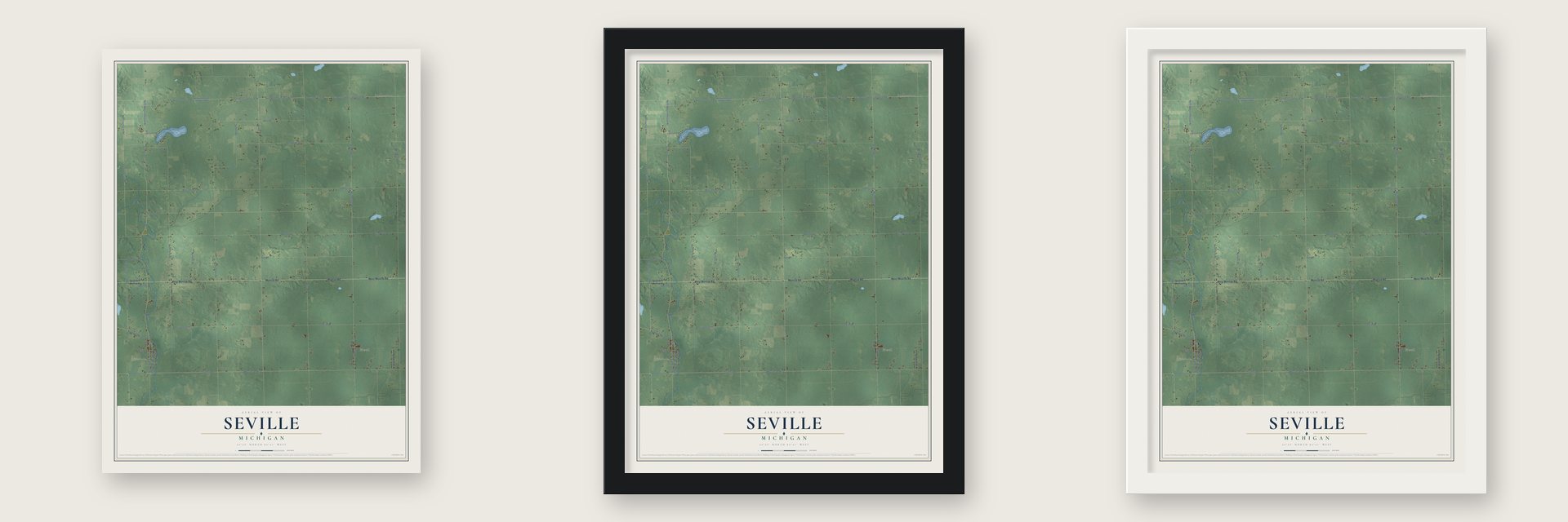 Seville, Michigan map unframed, in a black wood frame and in a white wood frame