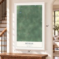 Seville, Michigan map, 24 x 36 inch print in a white frame by a staircase