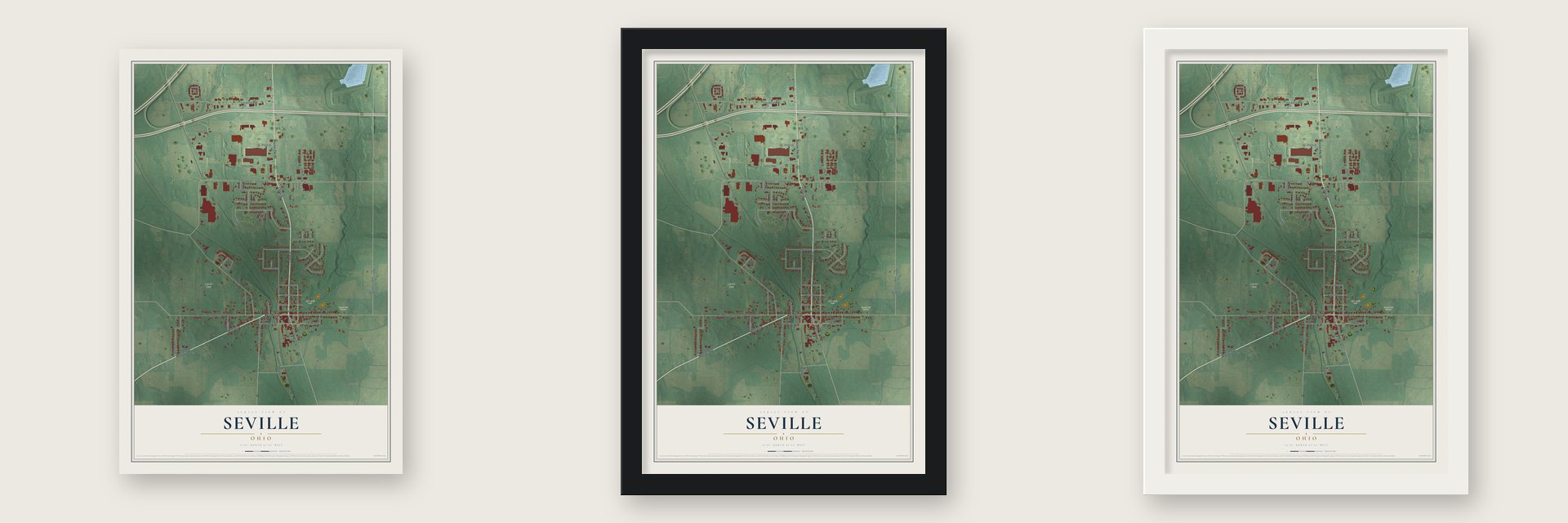 Seville, Ohio map unframed, in a black wood frame and in a white wood frame