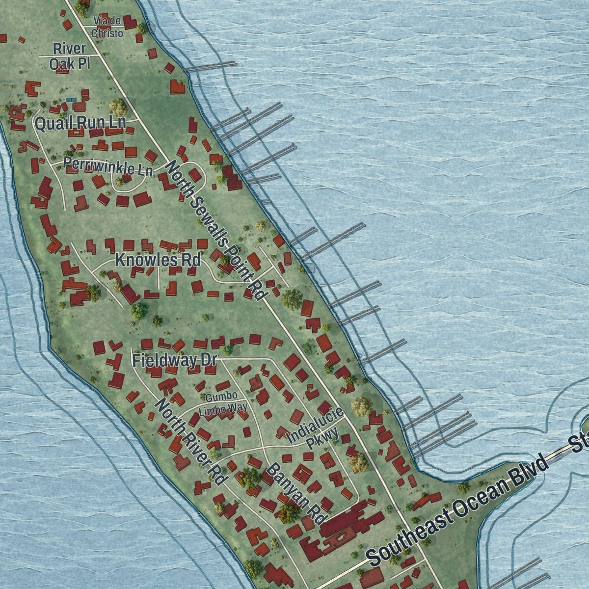 Second close-up of the map of Sewall's Point, Florida print showing more streets and buildings