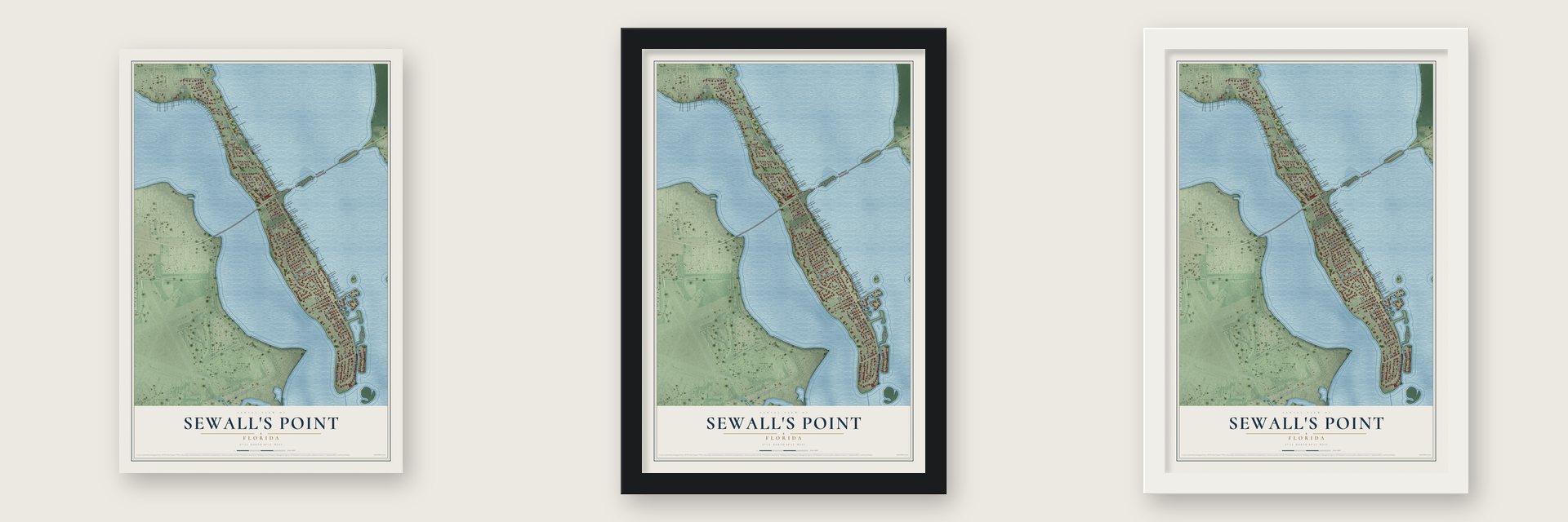 Sewall's Point, Florida map unframed, in a black wood frame and in a white wood frame