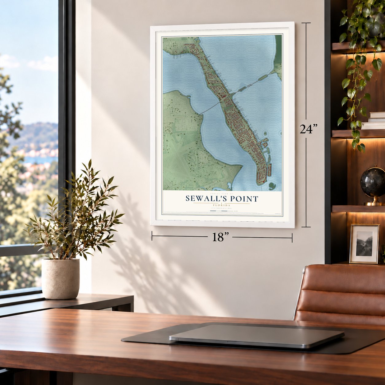 Sewall's Point, Florida map, 18 x 24 inch print in a white frame in a home office