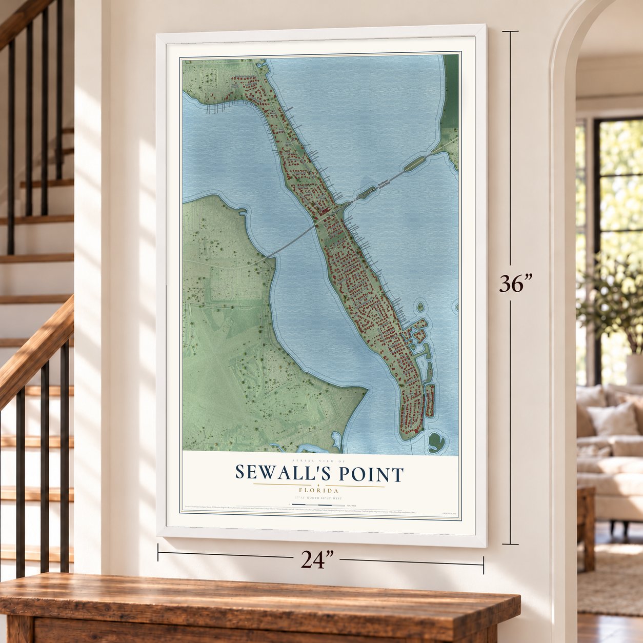 Sewall's Point, Florida map, 24 x 36 inch print in a white frame by a staircase